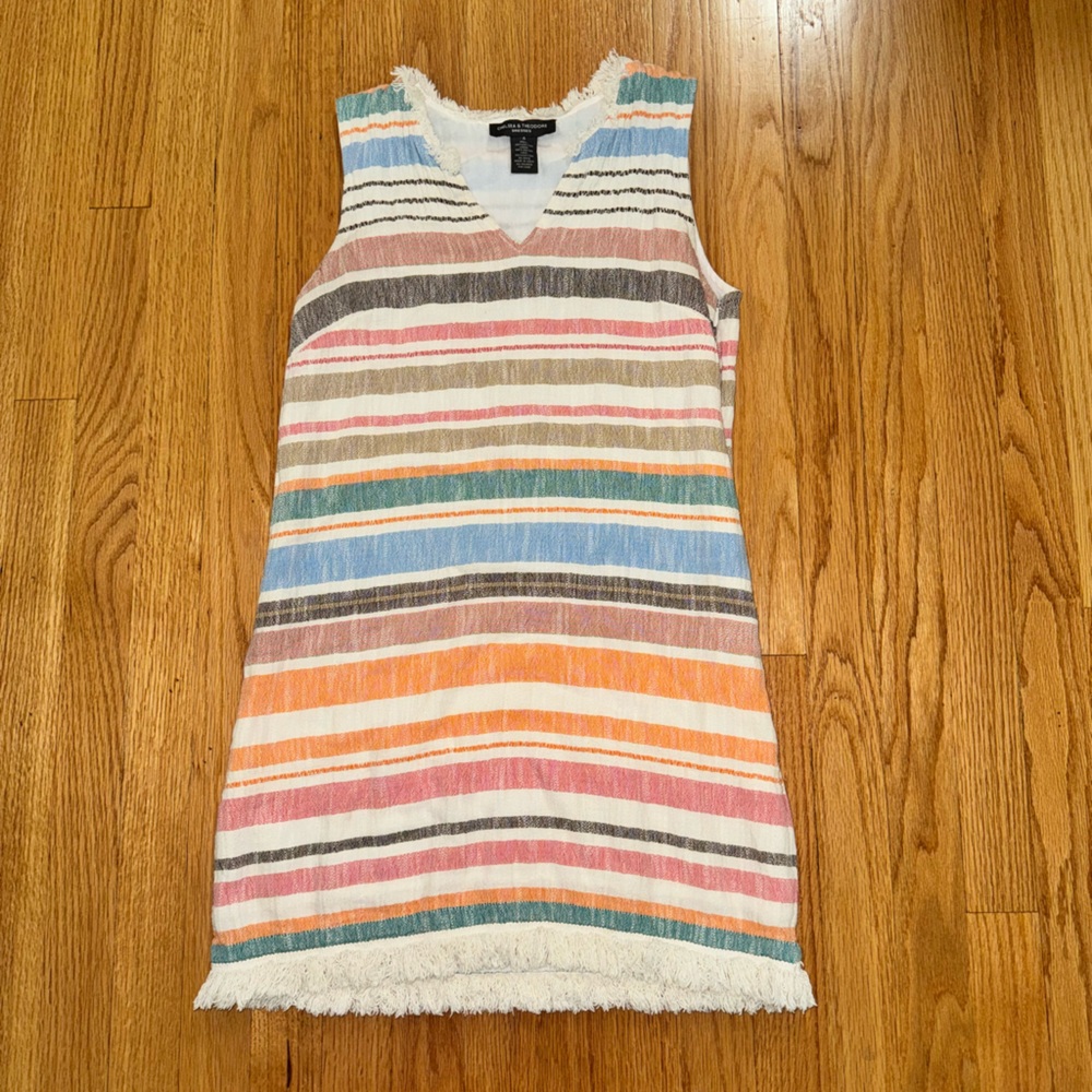 Chelsea & Theodore Sleeveless Pastel Striped Cotton Fringed Shift Dress